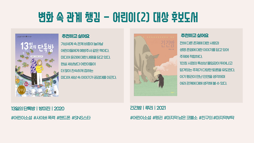 변화 속 관계 챙김 -어린이(2) 대상 후보도서 추천하고 싶어요 13일의 단톡방 가상세계 속 관계 비중이 늘어날 어린이들에게 예방주사 같은 책이다. 미디어 윤리에 대한 내용을 담고 있다. 현실 세상보다 어린이들이 더 많이 친숙하게 접하는 미디어 세상 속 이야기가 공감대를 이끈다. 13일의 단톡방 | 방미진 | 2020 #어린이소설 #사이버폭력 #핸드폰 #SNS스타 추천하고 싶어요 긴긴밤 전혀 다른 존재에 대한 사랑과 생명 존엄에 대한 이야기를 담고 있어 주제에 적합하다. 1인칭 시점의 특성상 몰입감이 뛰어나고 담겨있는 주제가 다양한 토론을 유도한다. 아기 펭귄이 만난 인연을 생각하며 여러 관계에 대해 생각해 볼 수 있다. 긴긴밤 | 루리 | 2021 #어린이소설 #펭귄 #마지막 남은 코뿔소 #친구의 #마지막부탁